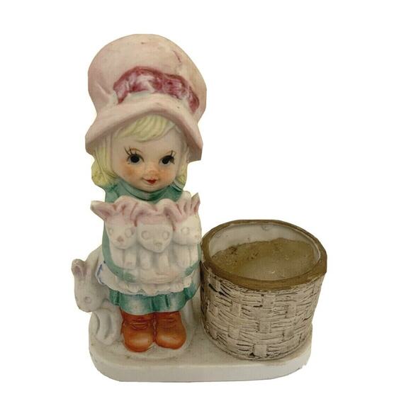 Vintage Little Luvkins Vintage Votive Candle Holder Girl with Rabbits 5"h x 3 5" - Picture 1 of 8